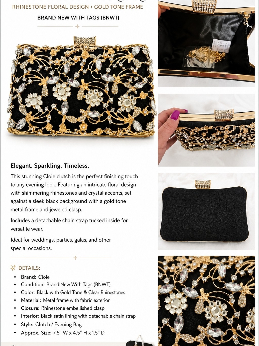 Cloie Black and Gold Rhinestone Floral Evening Clutch